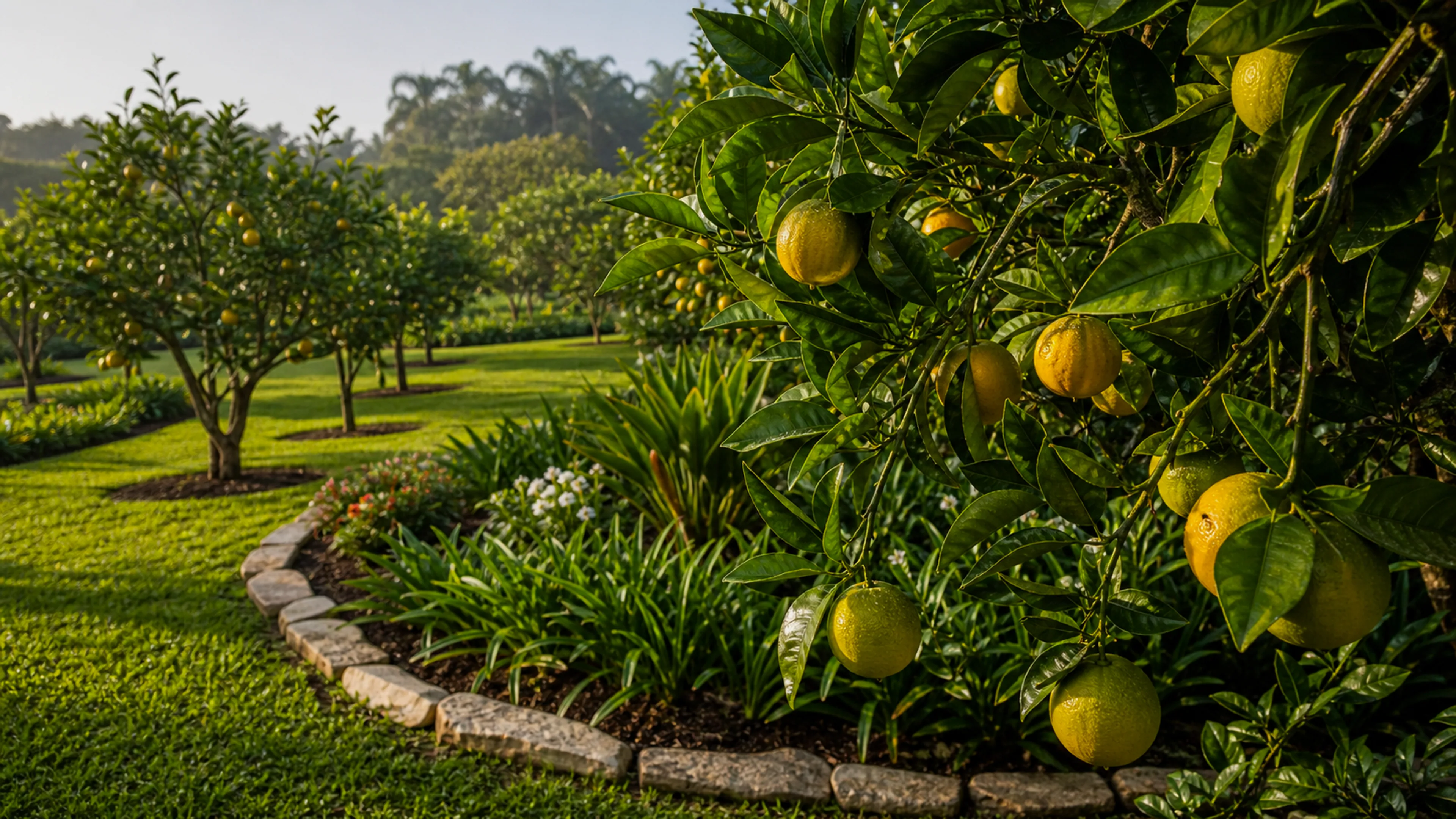 Pomar de chácara com árvores frutíferas e jardim saudável