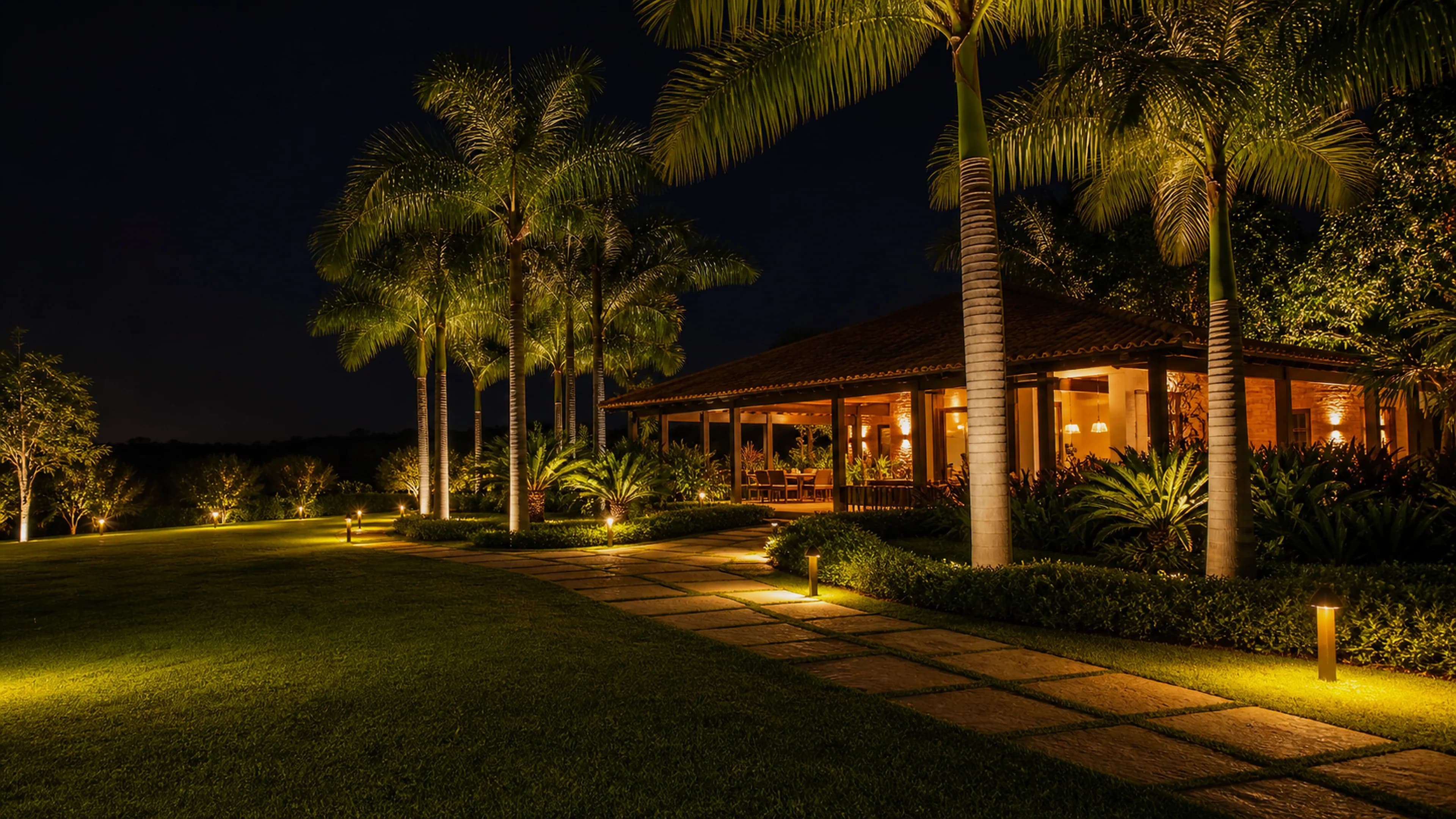 Jardim de chácara com iluminação premium e palmeiras à noite