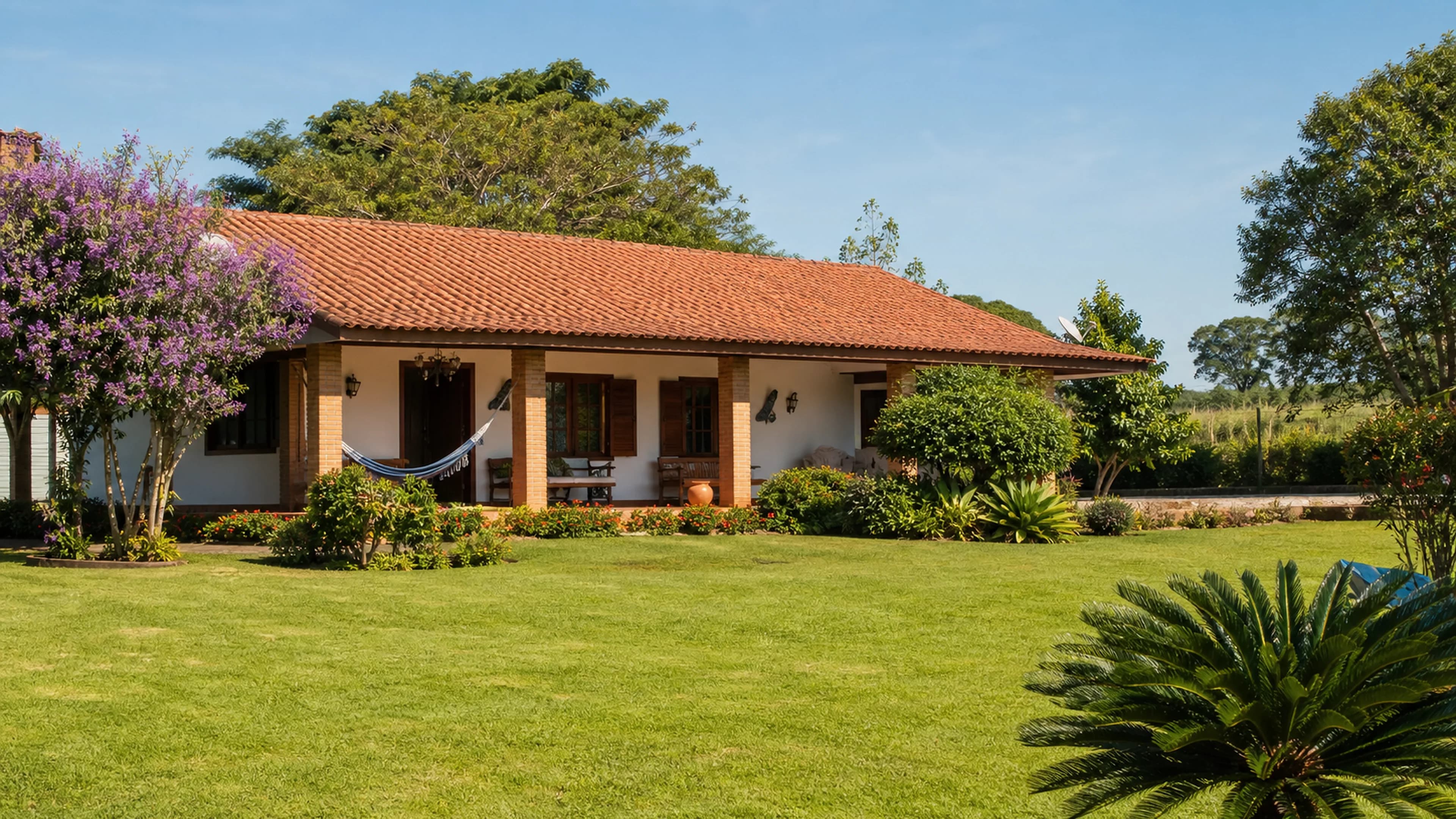 Chácara em Itu com casa de campo simples, gramado aparado e jardim elegante