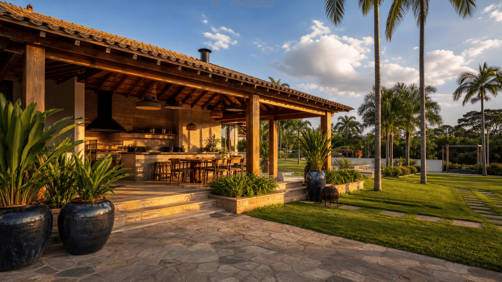 Área gourmet de chácara preparada para fotografias e visitas