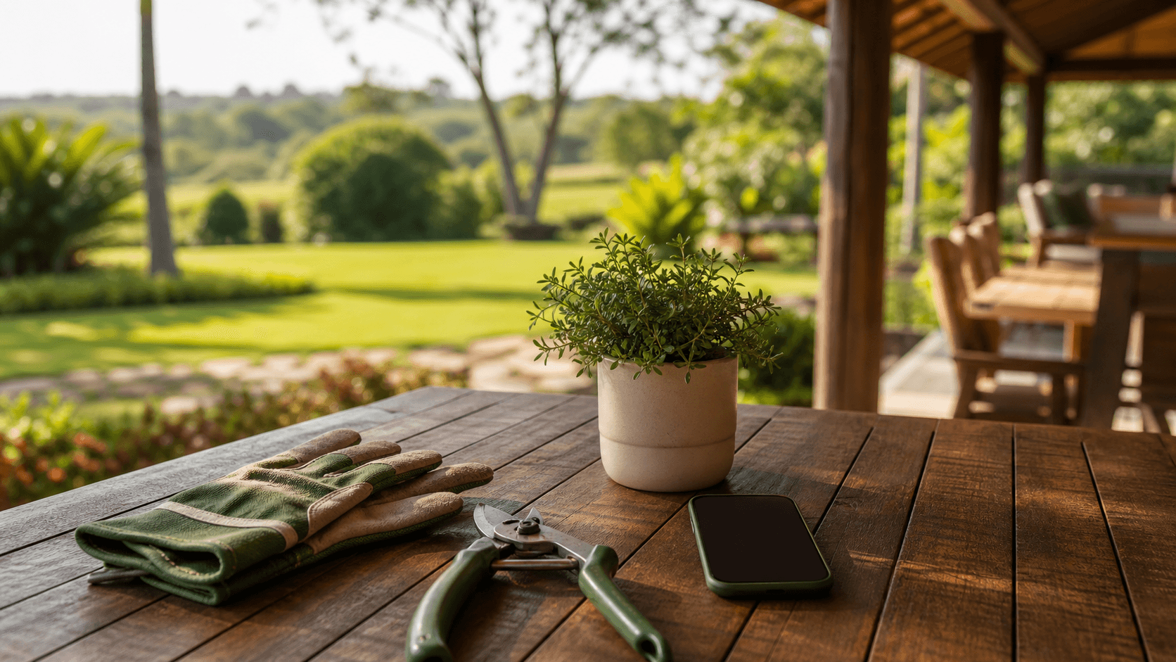 Ferramentas de jardinagem e caderno sobre mesa de madeira diante de uma área verde