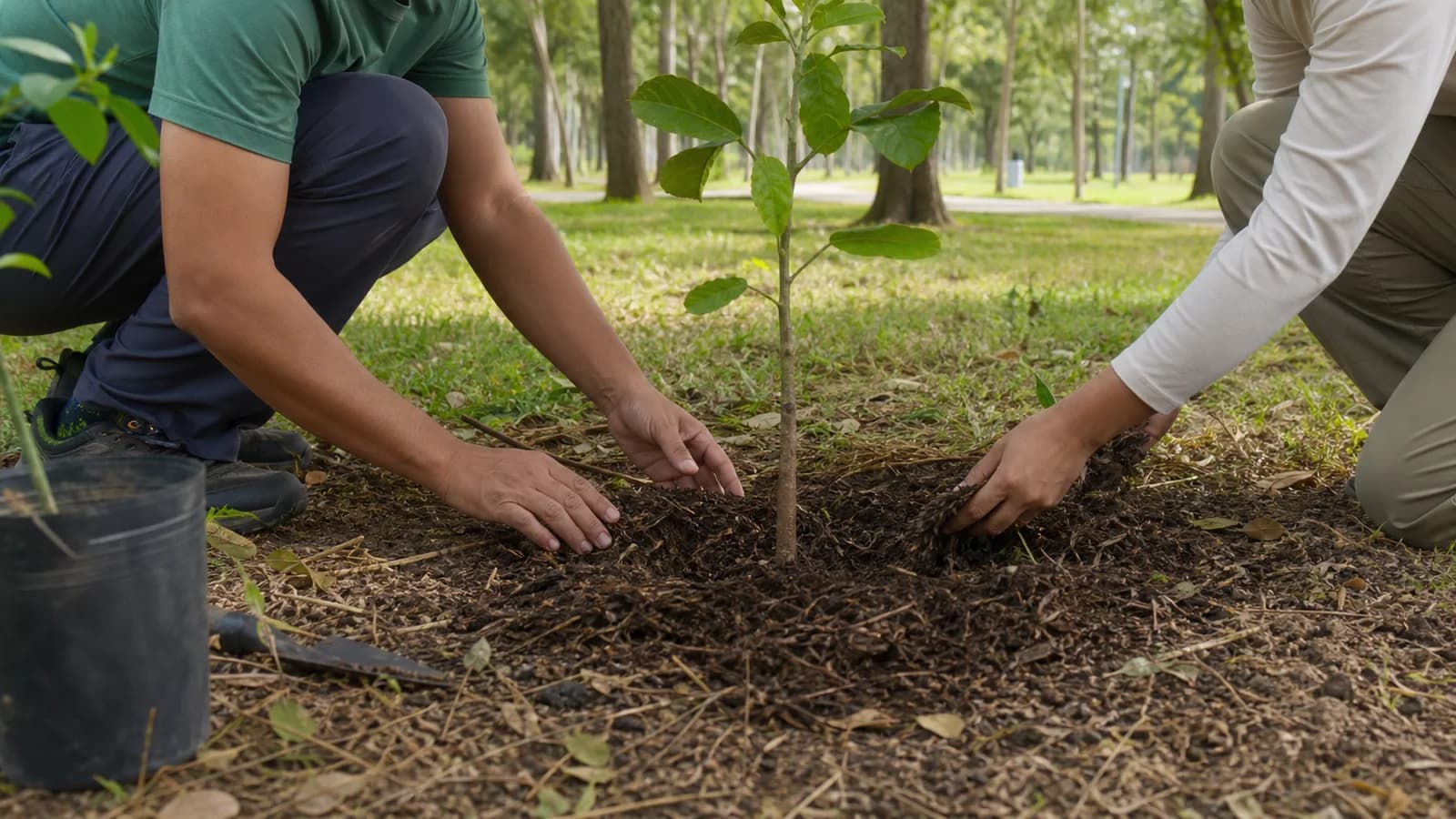 Plantio responsável de muda nativa em área verde, em imagem editorial conceitual