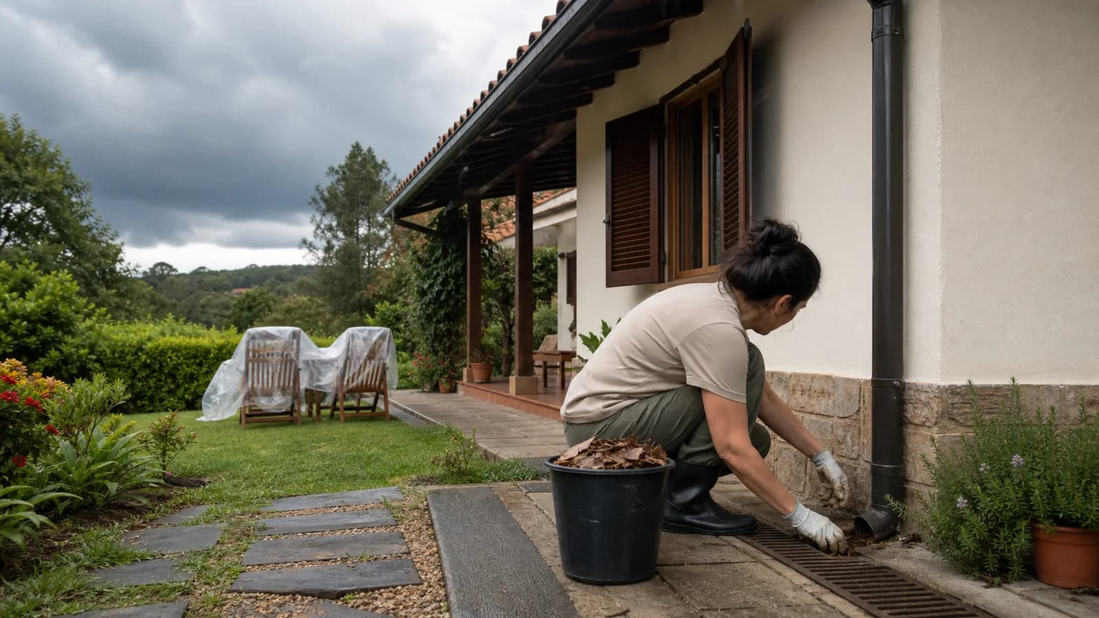 Revisão preventiva de ralo e calha antes da chuva, em imagem editorial conceitual