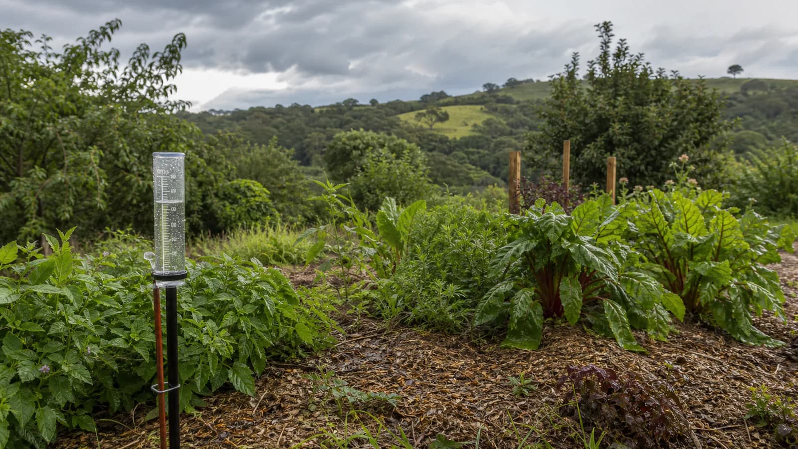 Jardim após chuva com pluviômetro e solo coberto, em imagem editorial conceitual