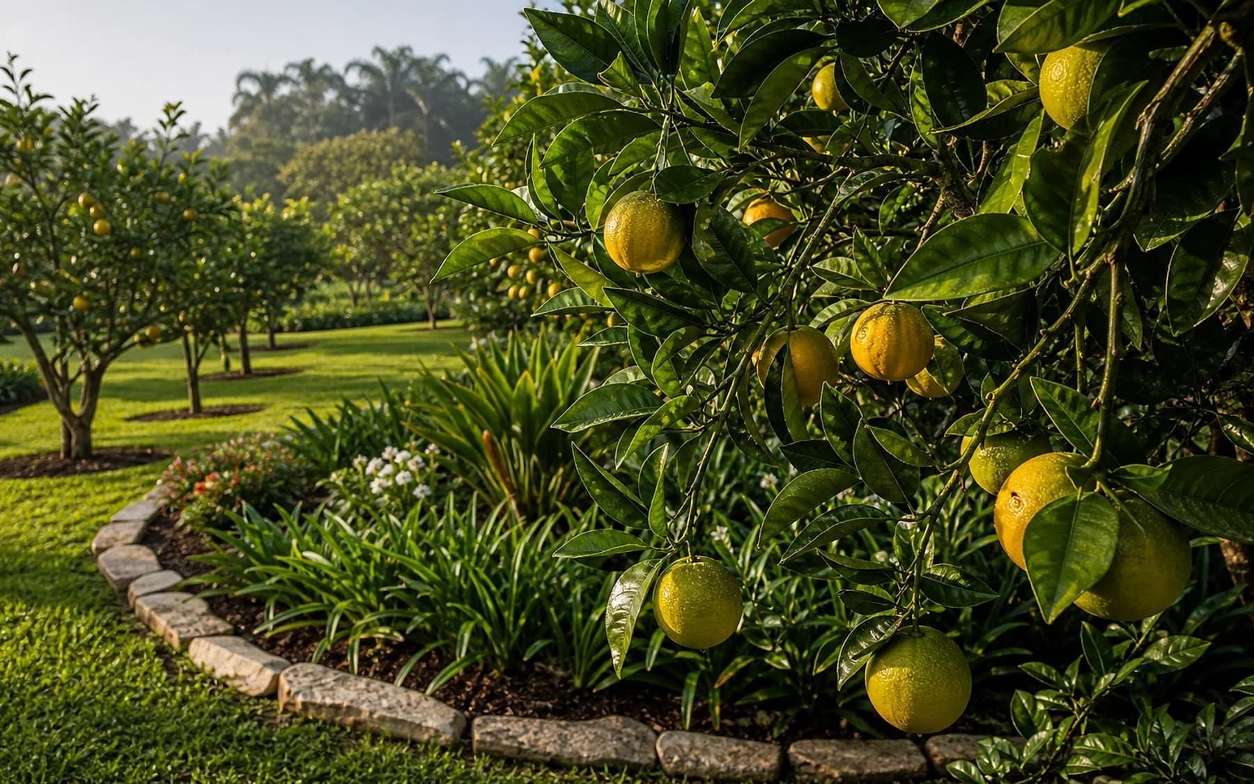 Pomar de chácara com árvores frutíferas e jardim saudável