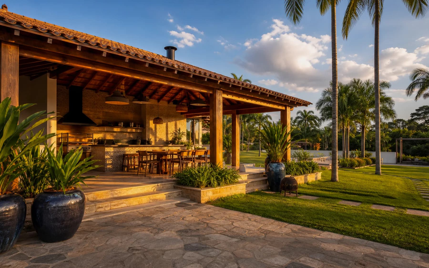Área gourmet e jardim premium de chácara preparados para venda ou locação