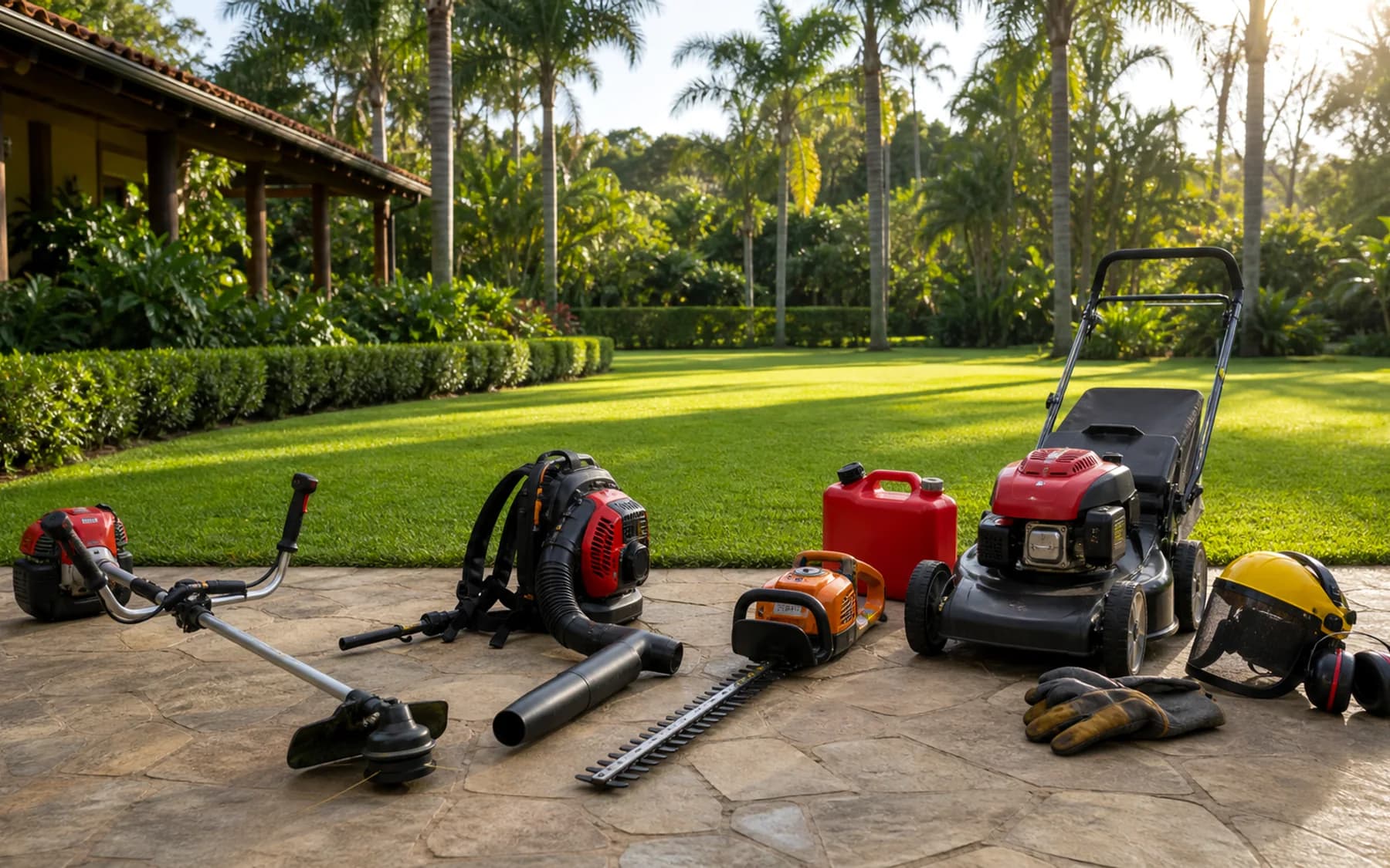 Equipamentos profissionais de jardinagem organizados em varanda de chácara