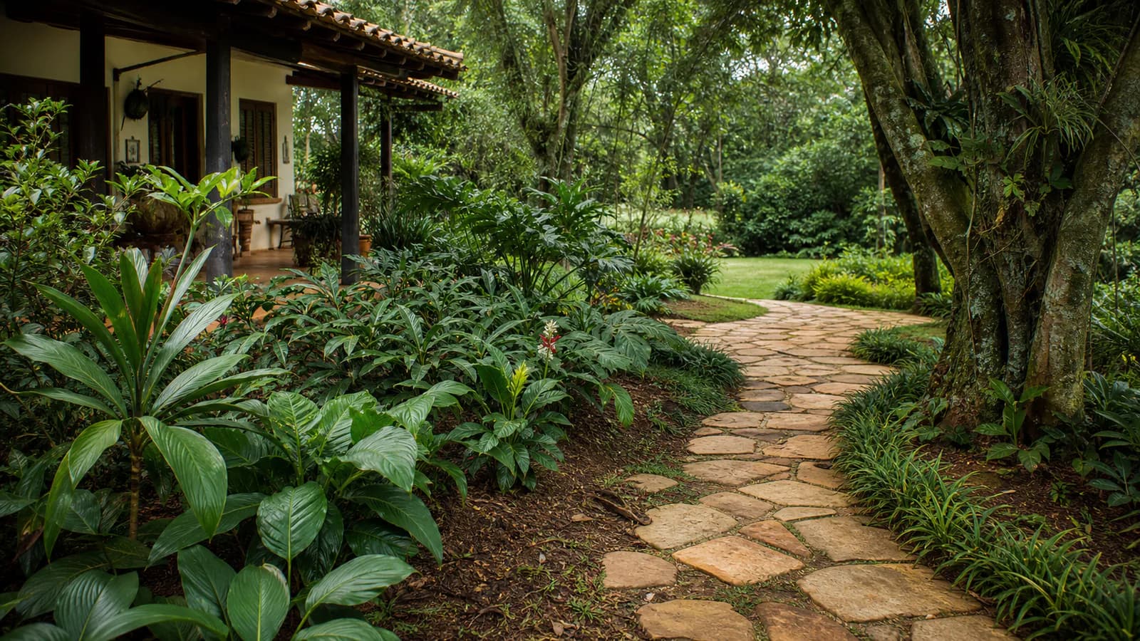 Jardim tropical planejado com folhagens em camadas e caminho de pedra, em imagem editorial conceitual