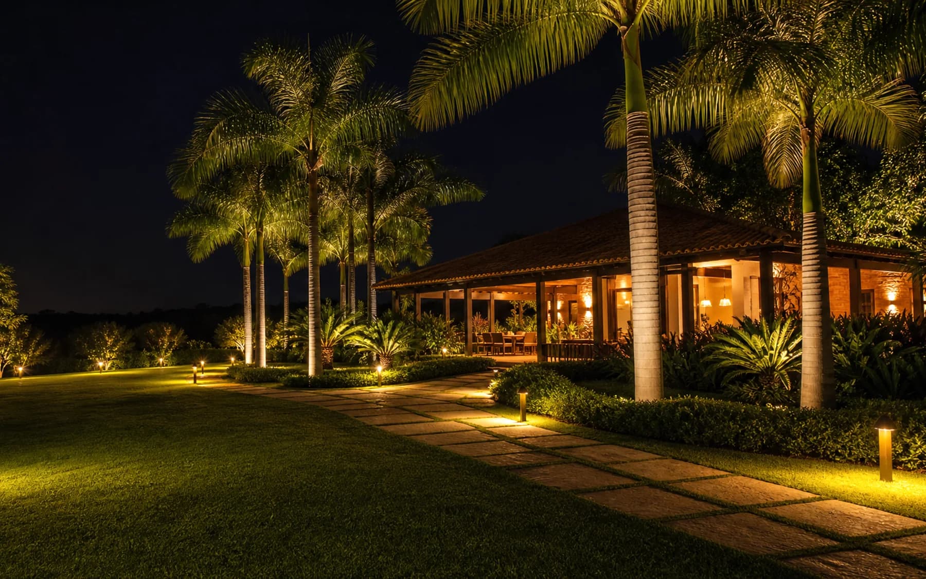 Jardim de chácara com iluminação premium e palmeiras à noite