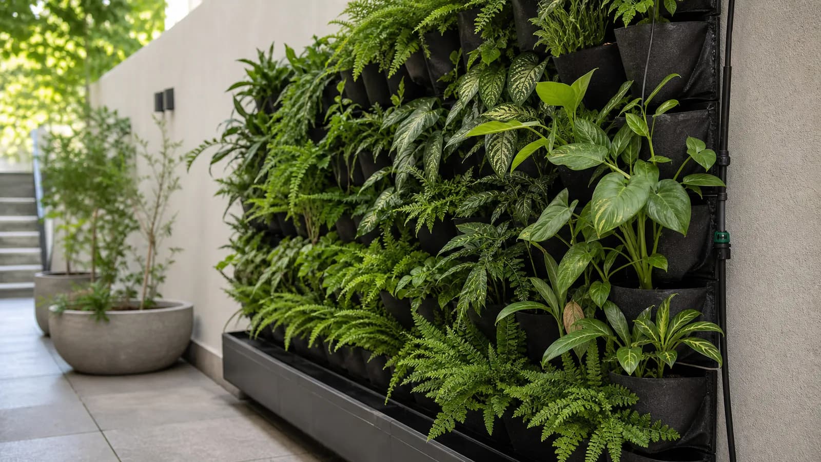 Jardim vertical sombreado com estrutura e drenagem acessíveis, em imagem editorial conceitual
