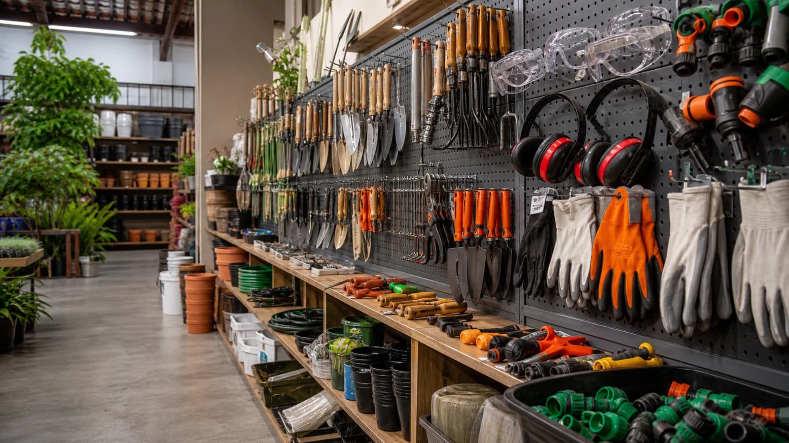 Ferramentas de jardinagem e equipamentos de proteção em loja