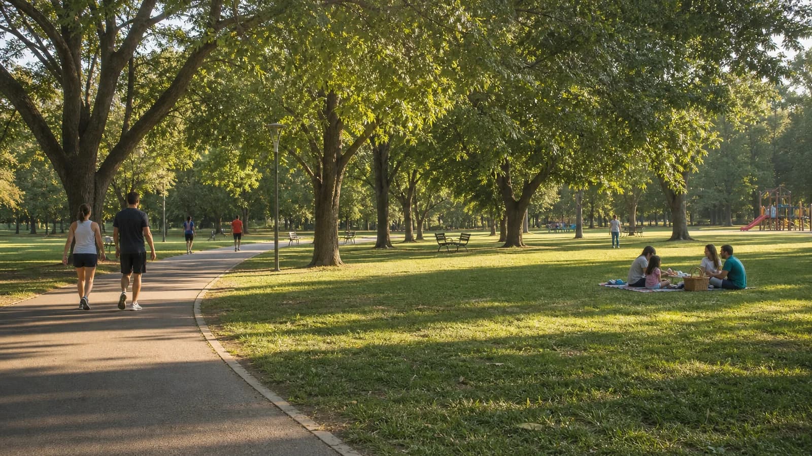 Moradores caminhando e fazendo piquenique em parque urbano, em imagem editorial conceitual