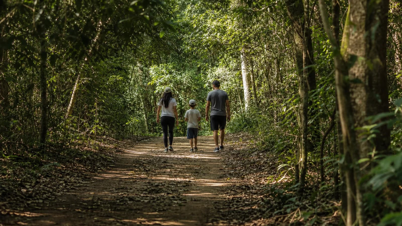 Família caminhando em trilha arborizada, em imagem editorial conceitual