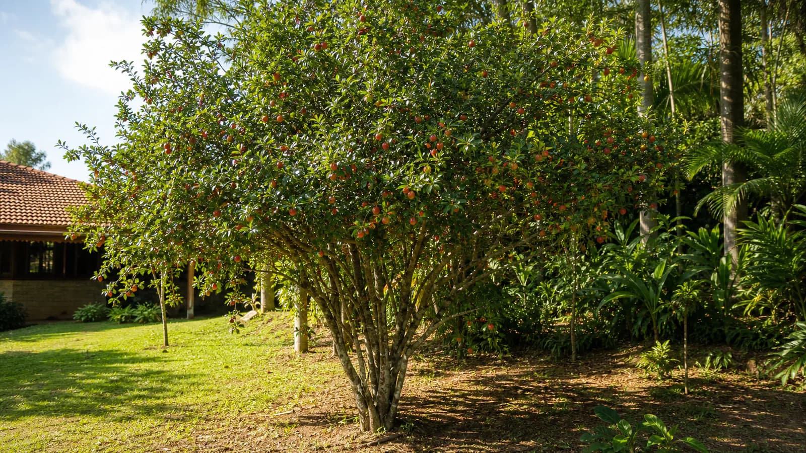 Pitangueira adulta com pequenos frutos vermelhos em jardim ensolarado, em imagem editorial conceitual