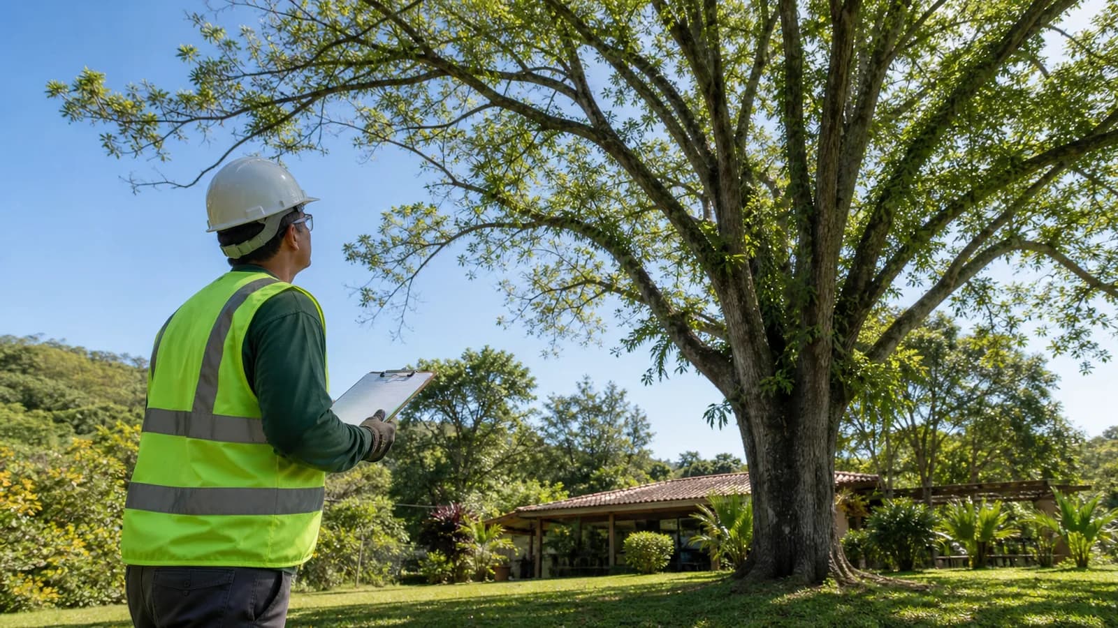 Profissional avaliando árvore antes de qualquer poda, em imagem editorial conceitual