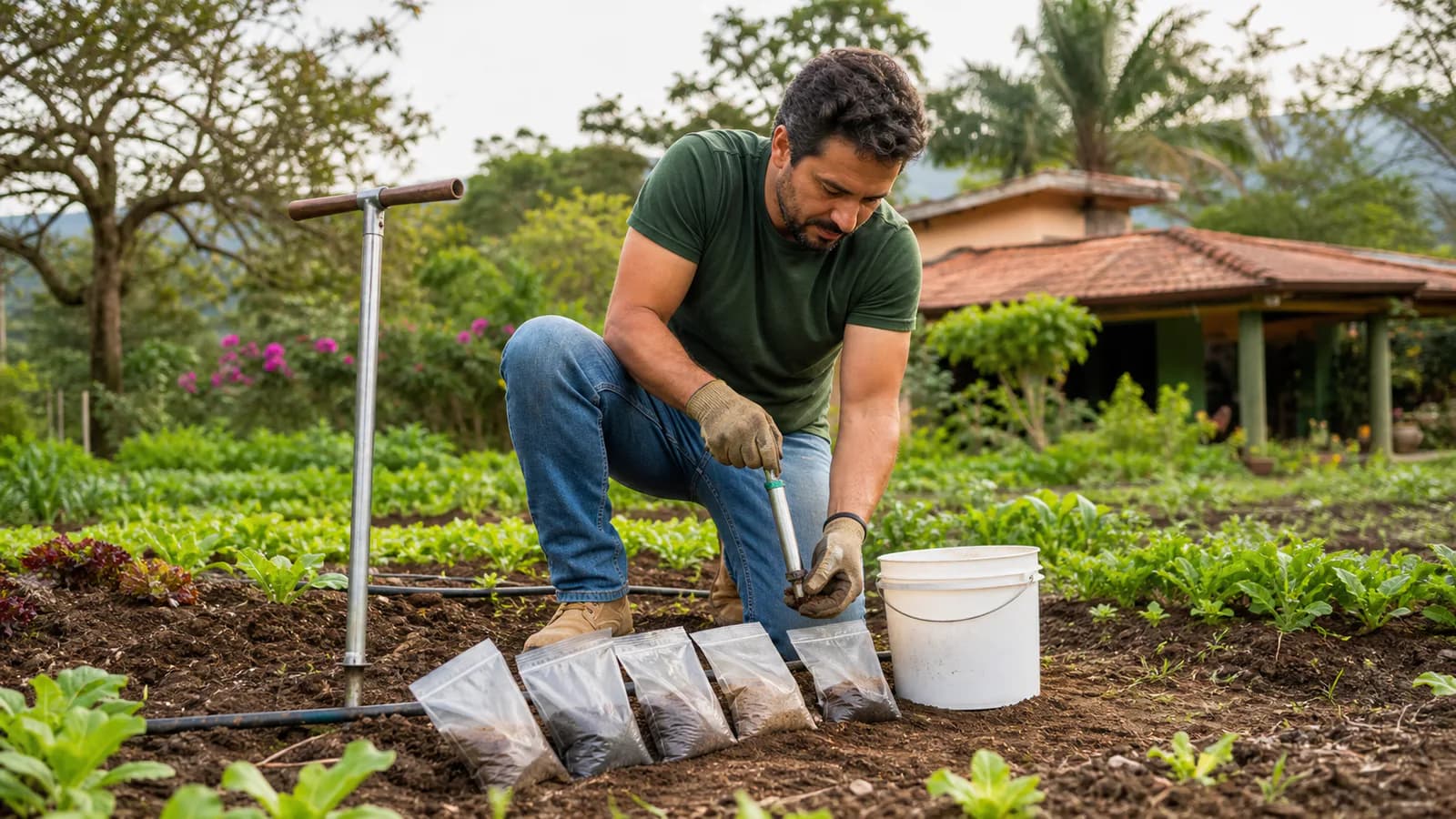 Coleta de diferentes amostras de solo em jardim rural, em imagem editorial conceitual