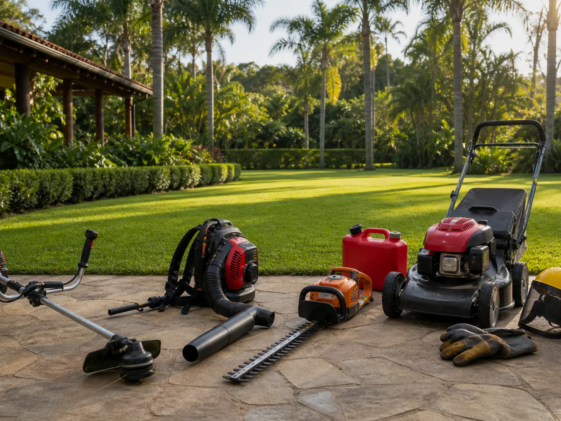 Pulverizador costal organizado com equipamentos de jardinagem em chácara