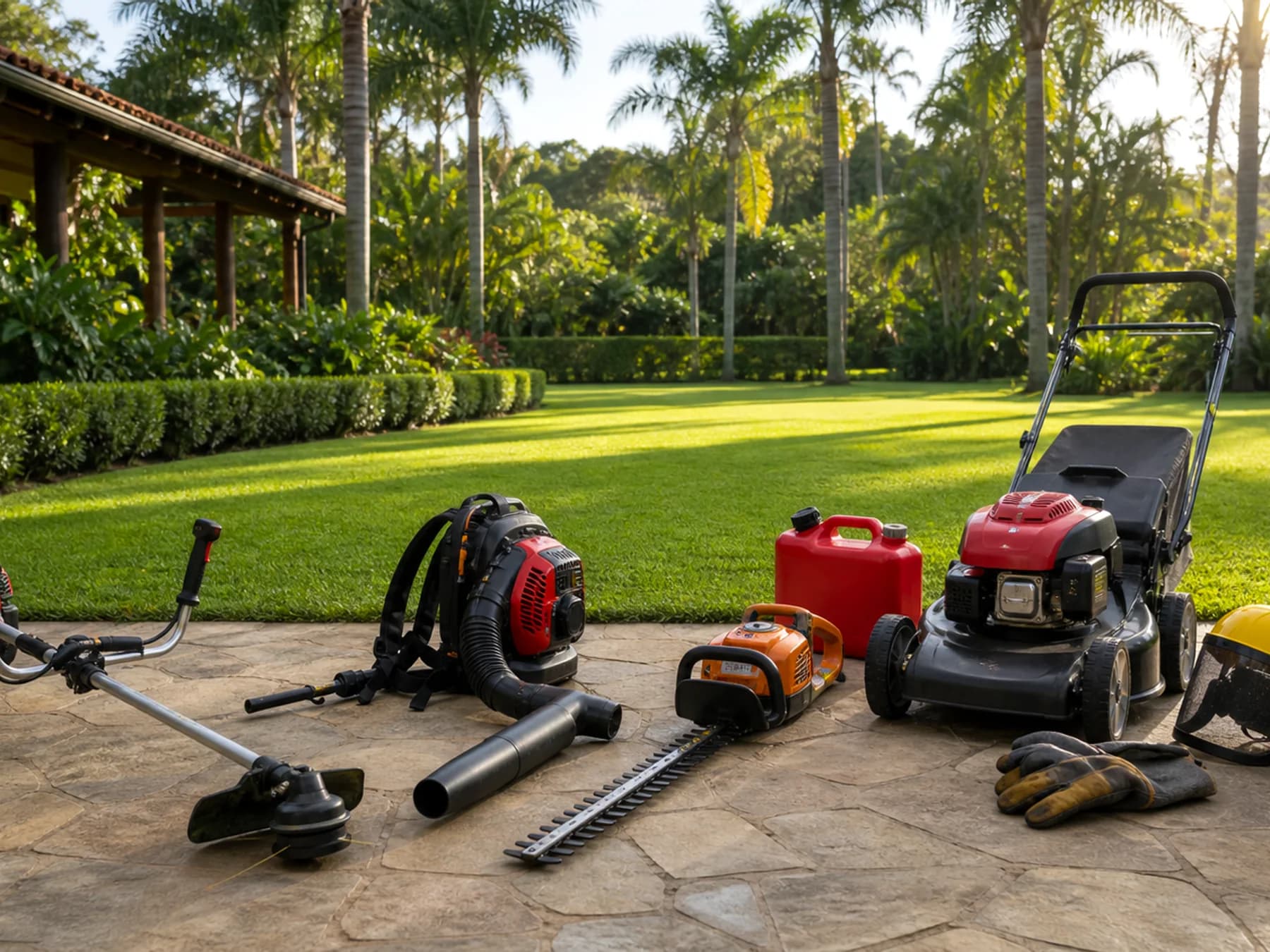 Soprador costal entre equipamentos de jardinagem em chácara bem cuidada
