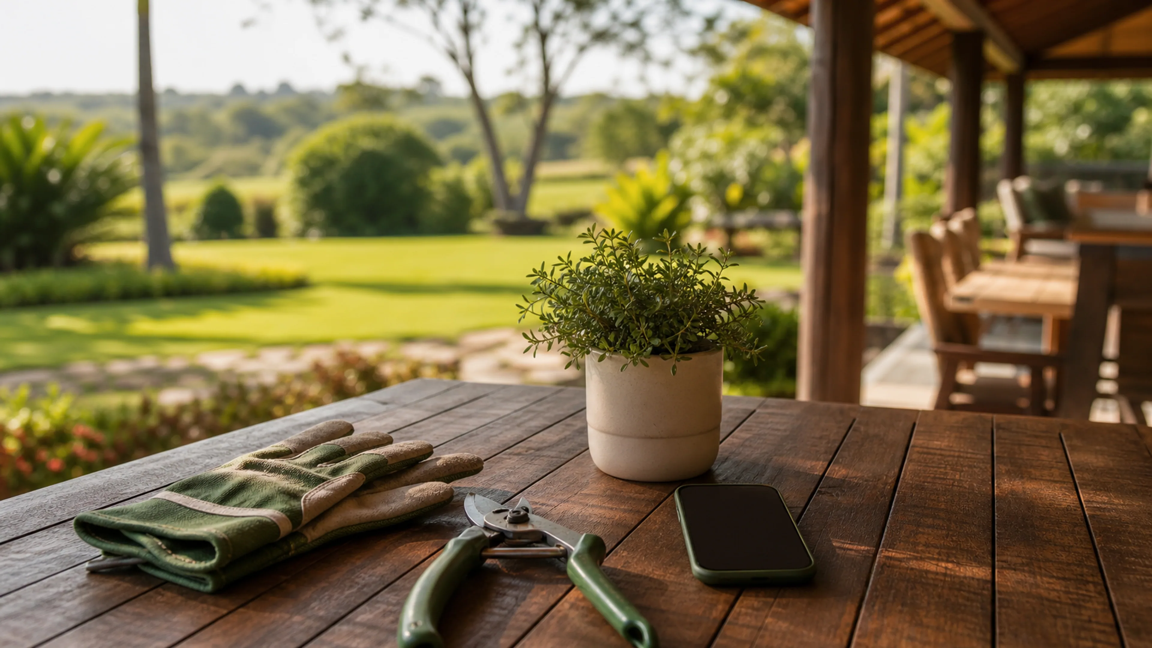 Mesa de varanda com ferramentas de jardinagem e jardim de chácara ao fundo