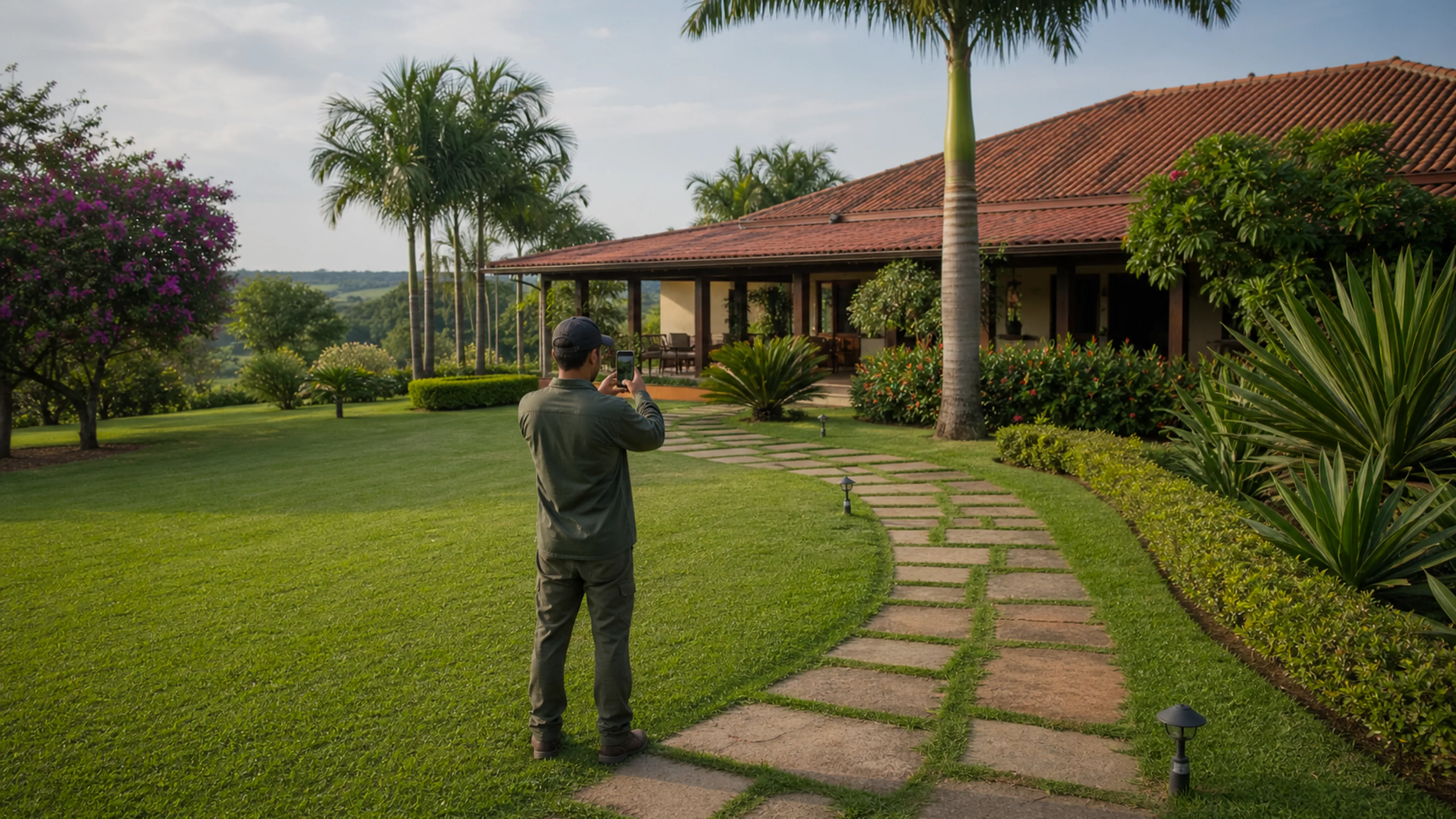 Profissional registrando fotos de chácara bem cuidada para proprietário à distância