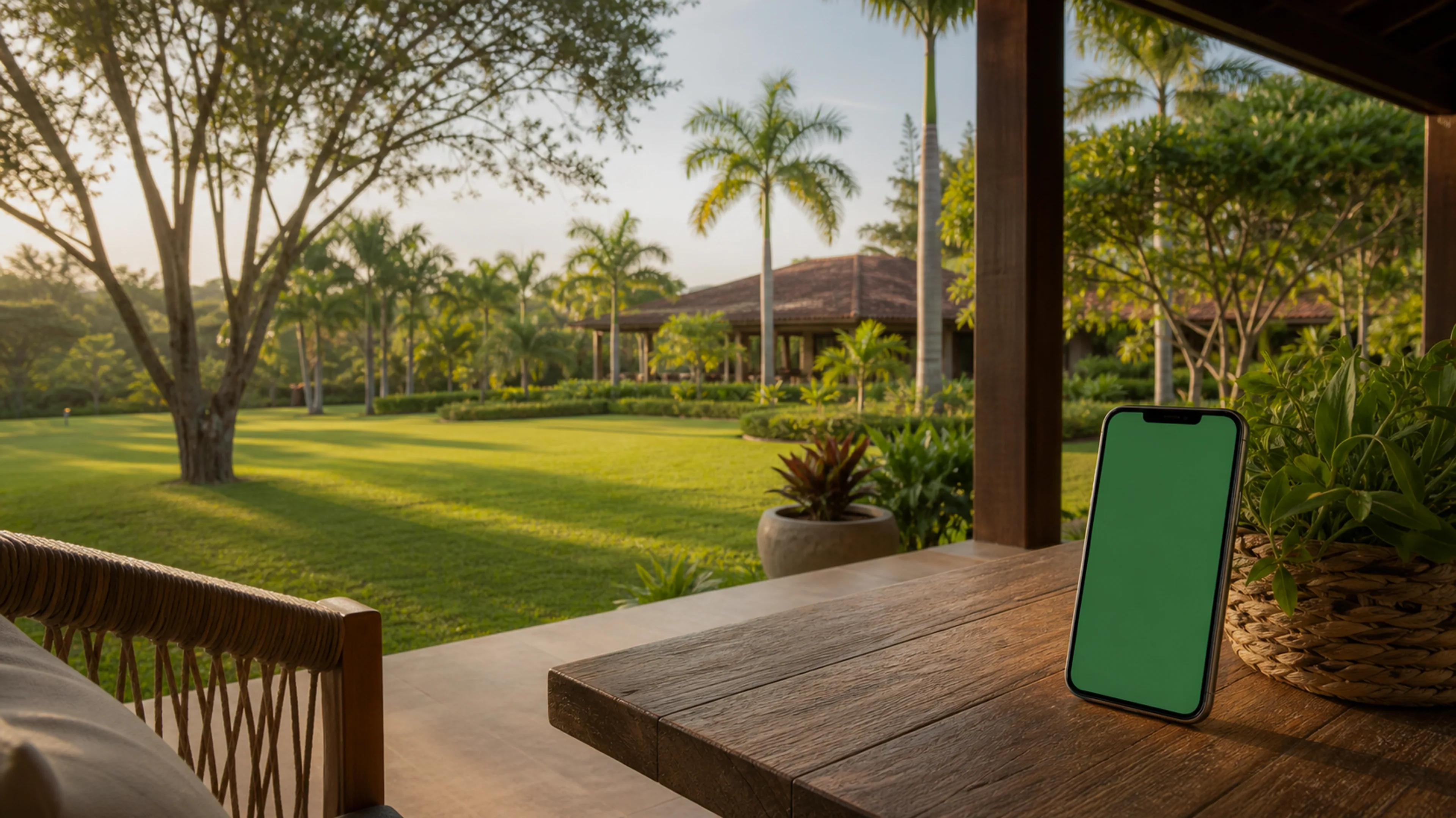Smartphone sobre mesa de madeira em varanda com jardim premium ao fundo