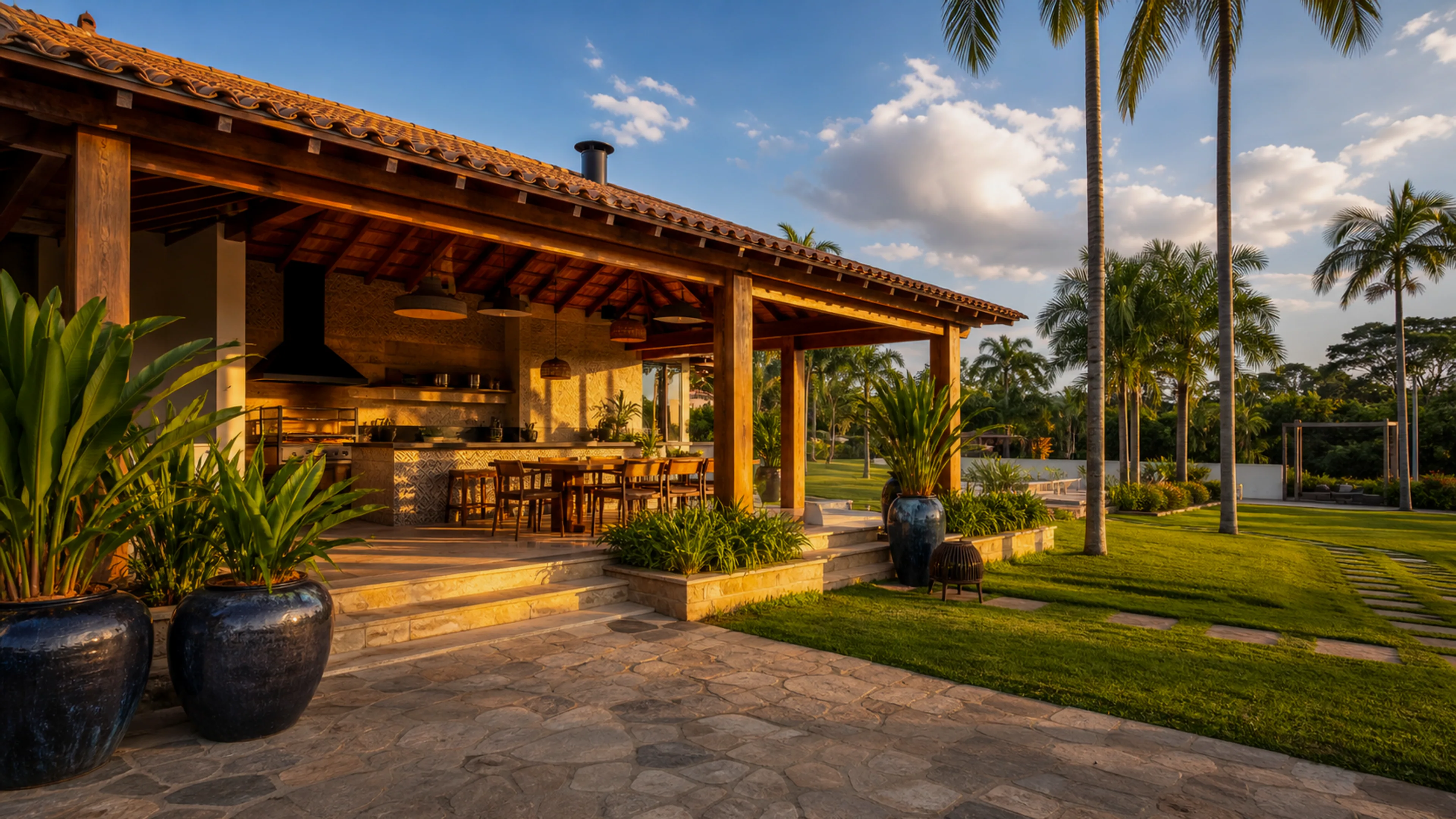Área gourmet e jardim premium de chácara preparados para valorização visual