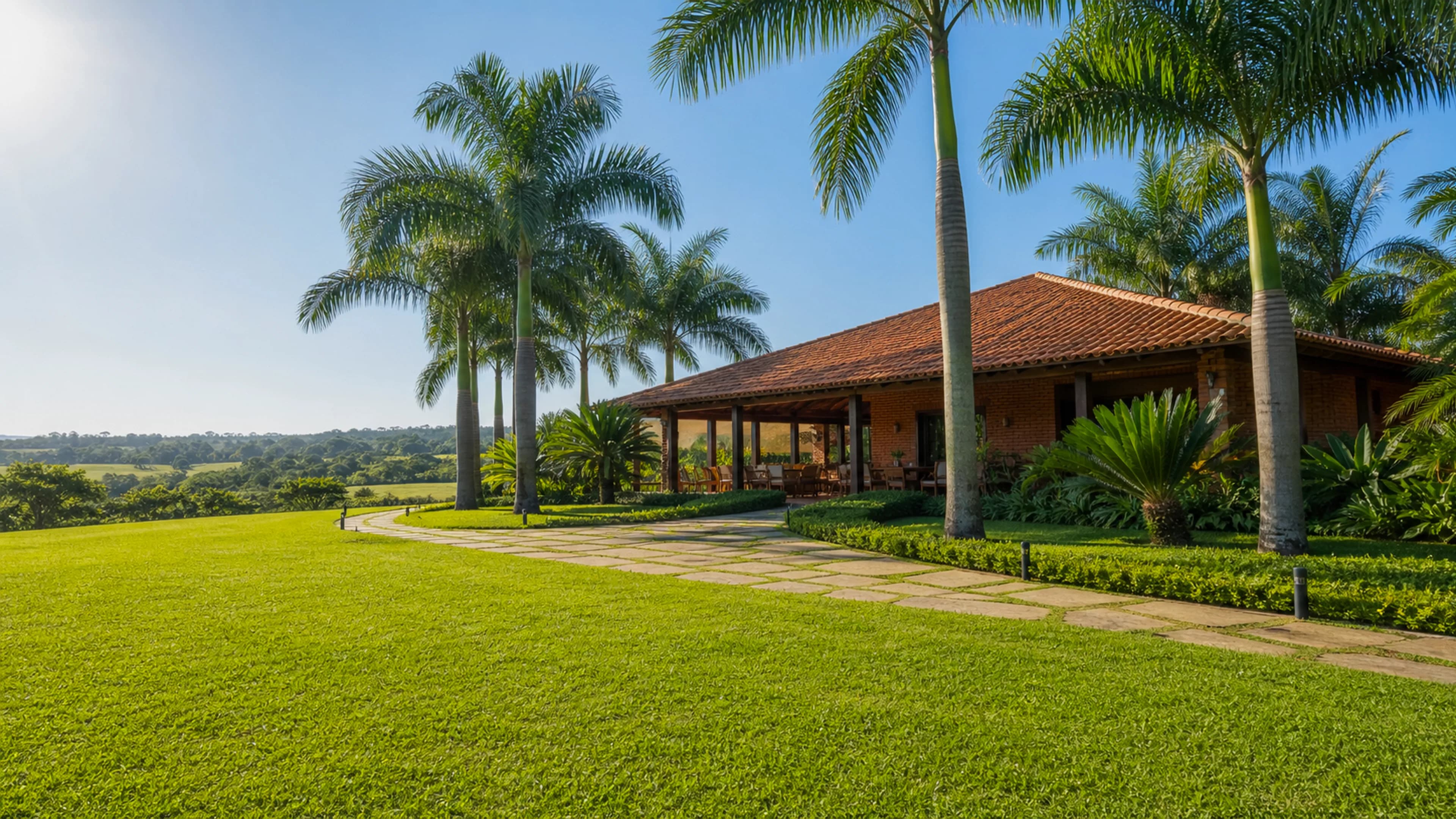 Gramado e jardim premium valorizando a fachada de uma chácara
