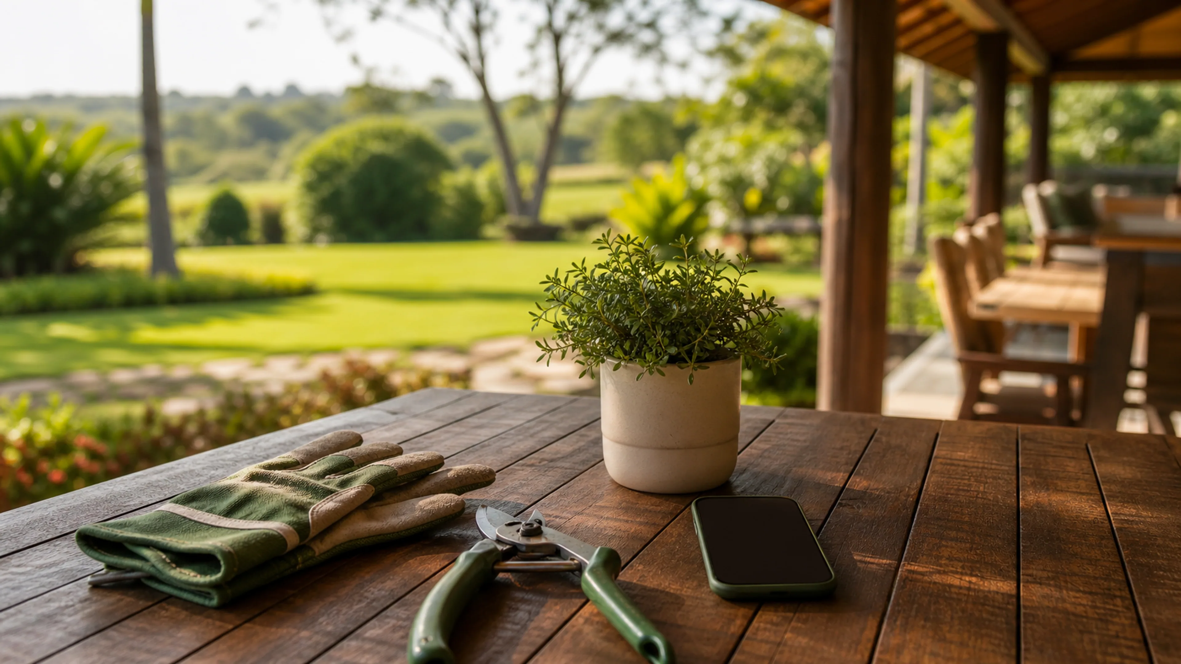 Ferramentas de jardinagem em varanda com jardim de chácara ao fundo