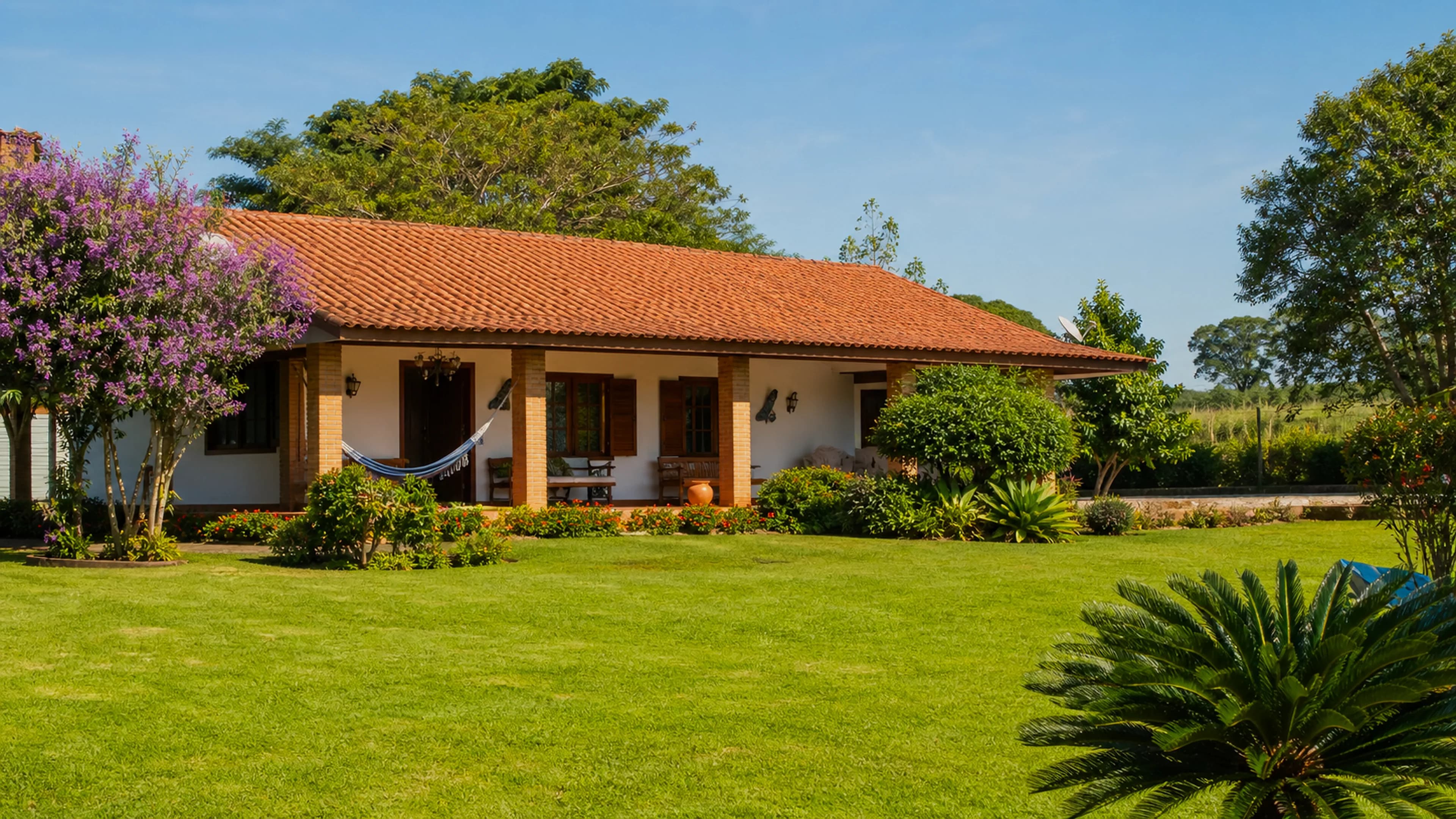 Casa de campo com gramado aparado e jardim organizado em chácara brasileira