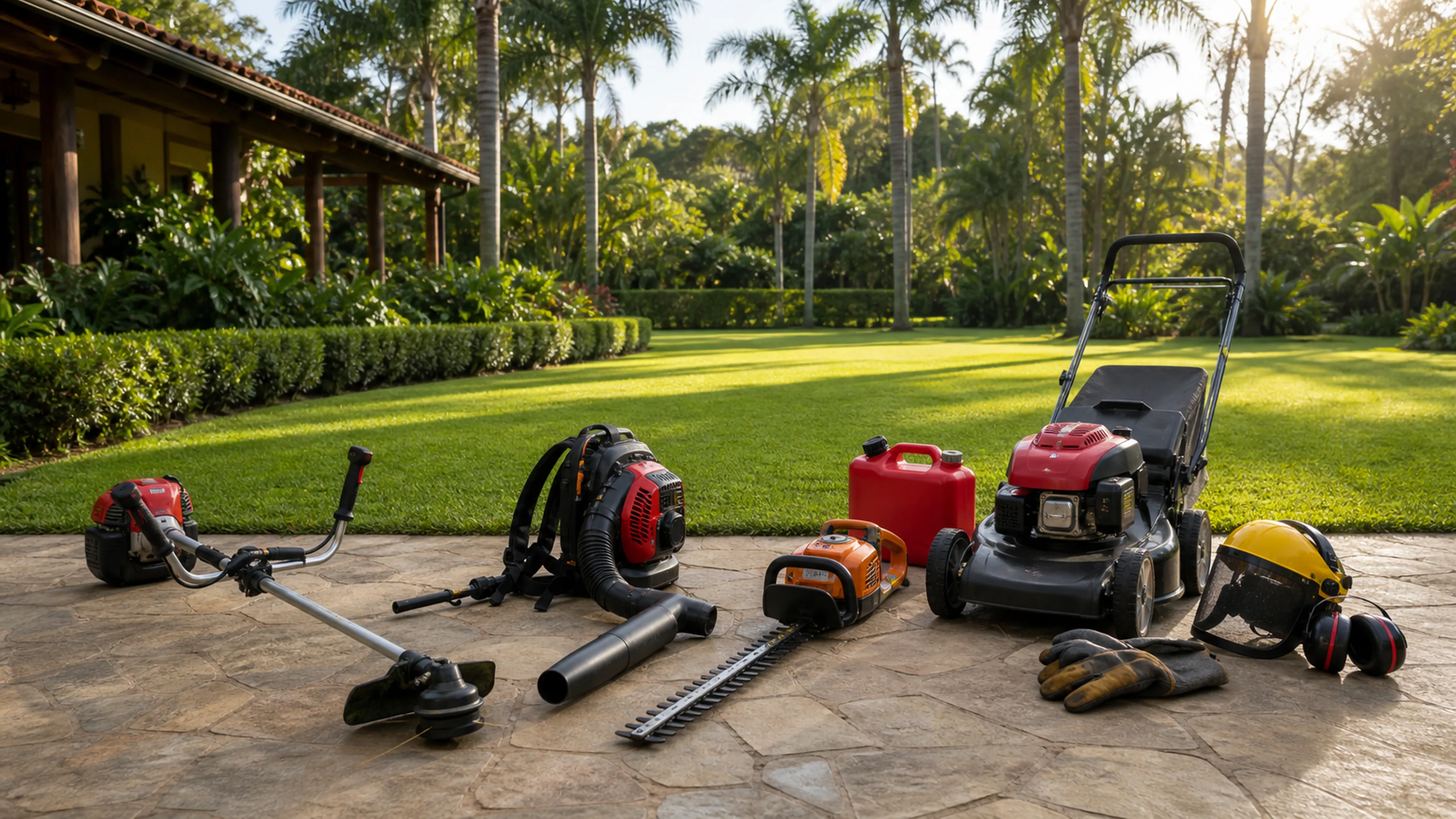 Equipamentos profissionais de jardinagem organizados em chácara de alto padrão