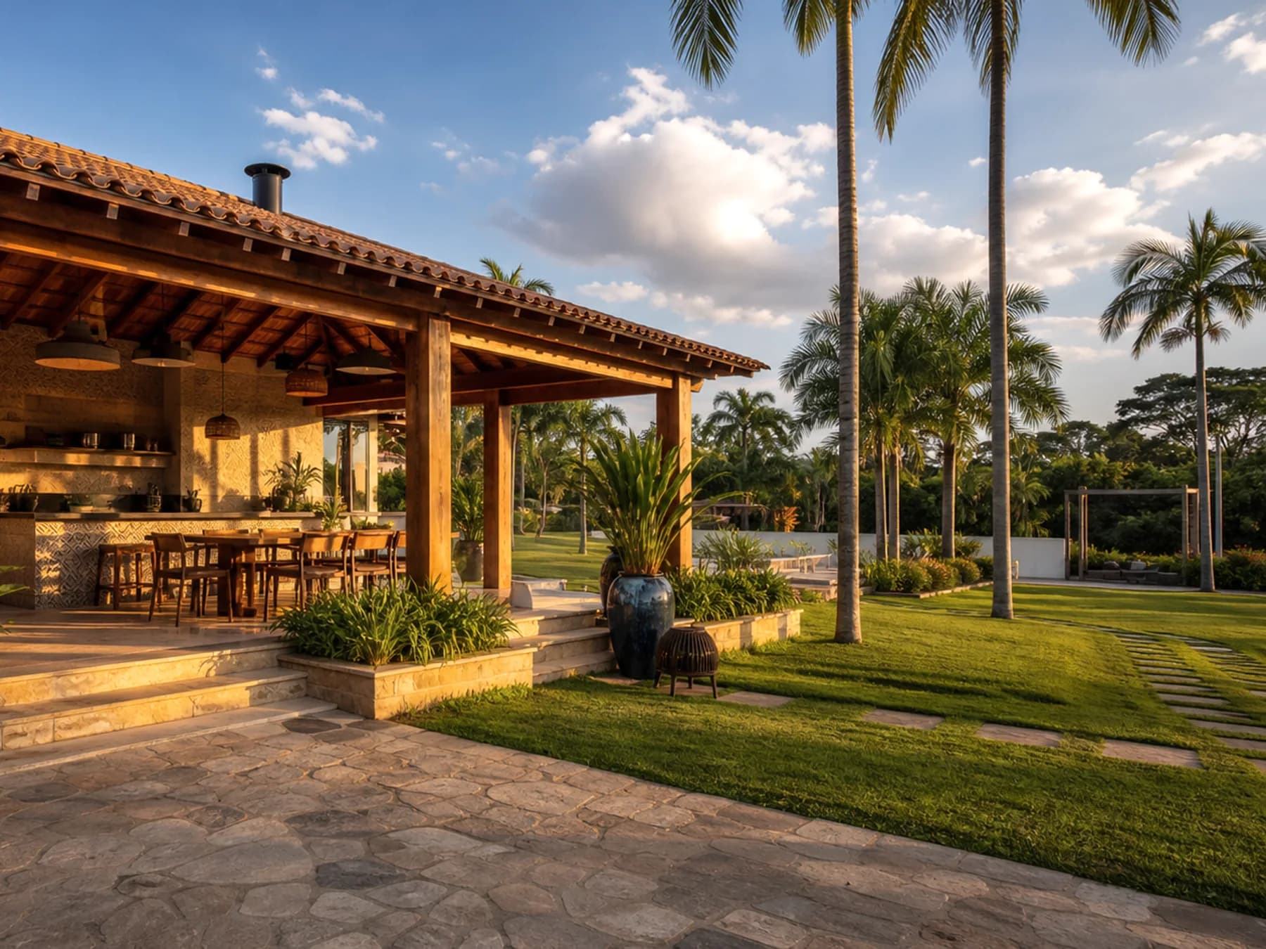 Área gourmet de chácara com jardim limpo e paisagismo sofisticado