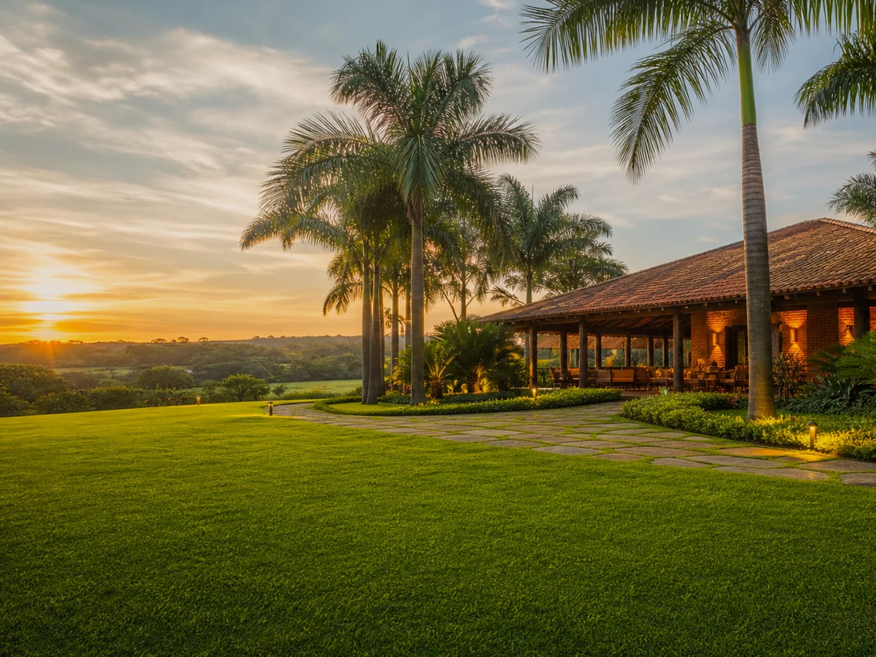 Fundo de chácara com gramado amplo aparado e paisagismo premium