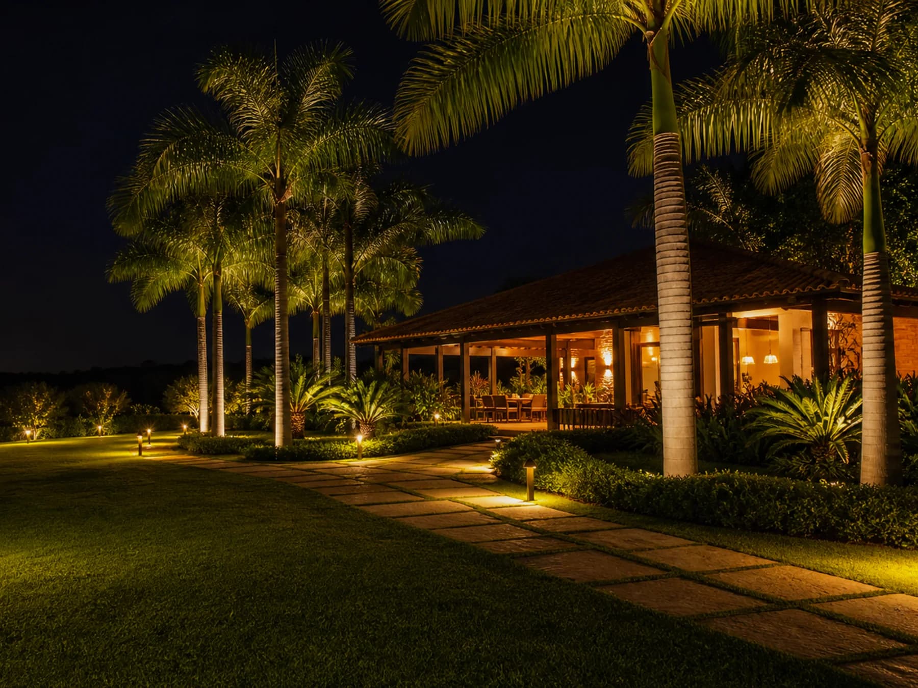 Lounge externo de chácara com jardim iluminado e palmeiras à noite