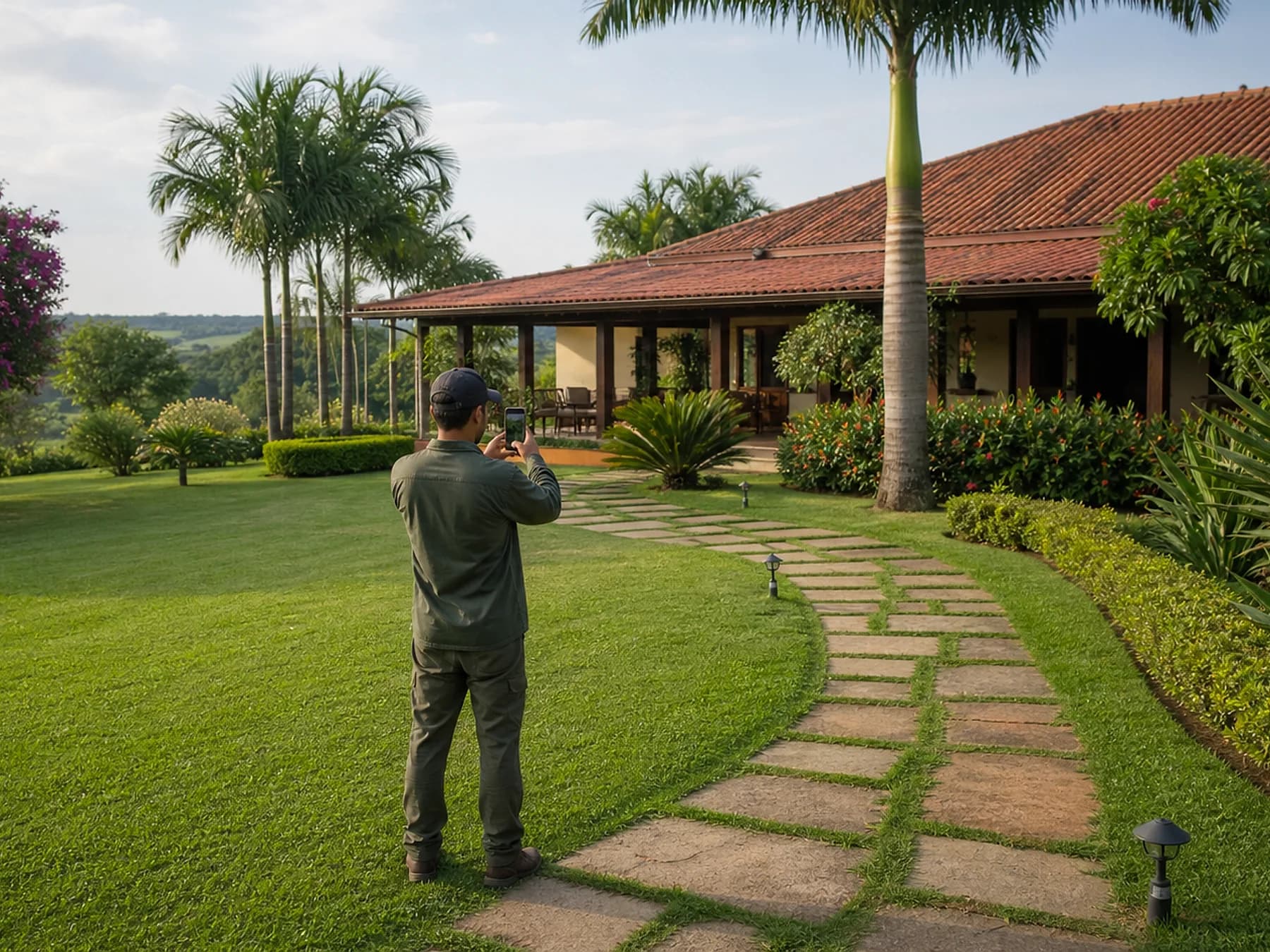 Caseiro acompanhando área externa de chácara e registrando fotos do jardim