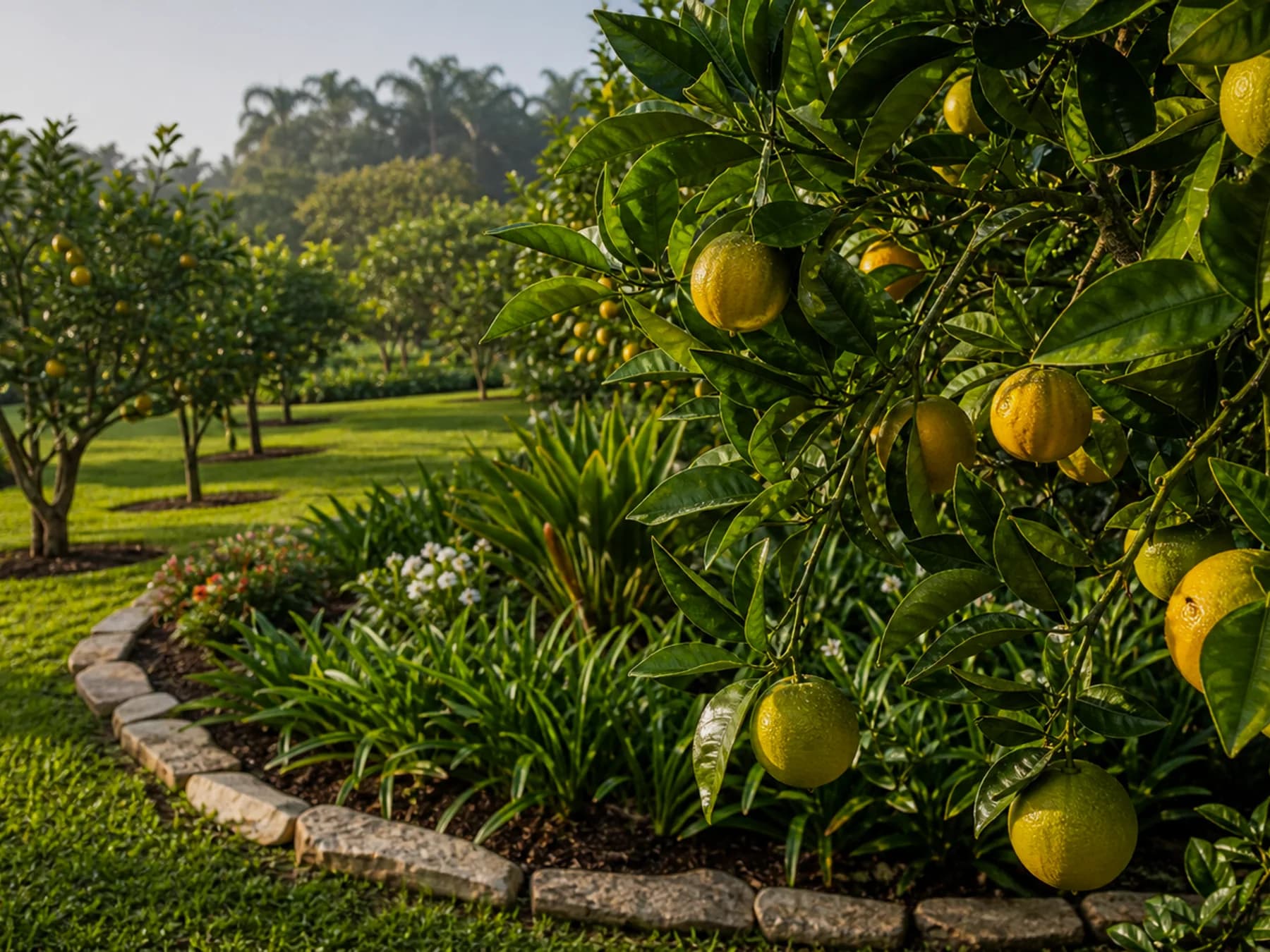 Pomar de chácara com árvores frutíferas saudáveis e canteiros limpos